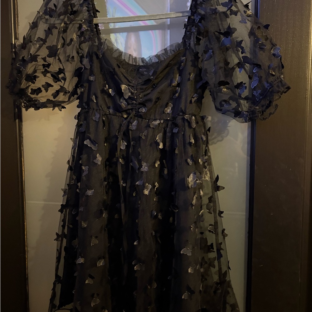 Black Sheer Puff Sleeve Dress with Floral Details